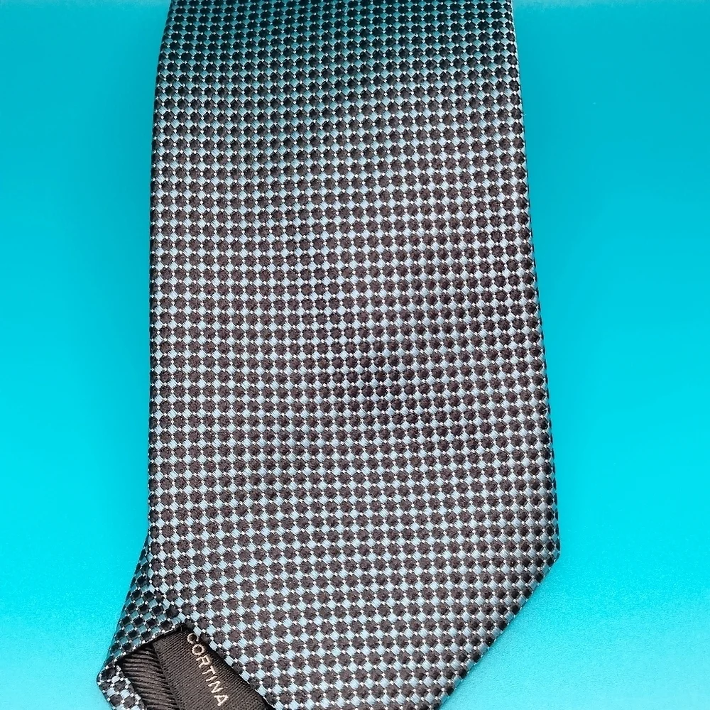 Men's Cortina Imported Silk Necktie Tie Black Blue Circle Geometric Handmade..T